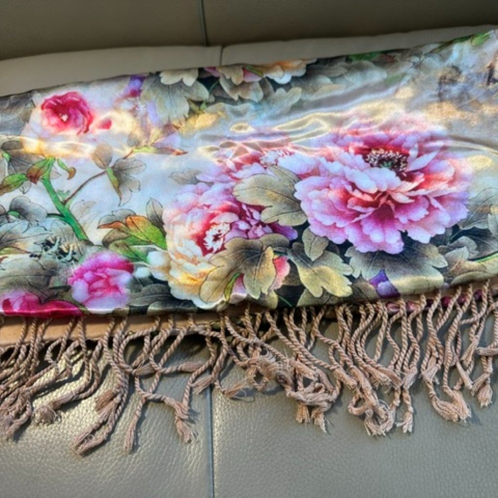 SILK SHAWL WITH PINK PEONIES --NEVER WORN -- GREAT HOLIDAY GIFT